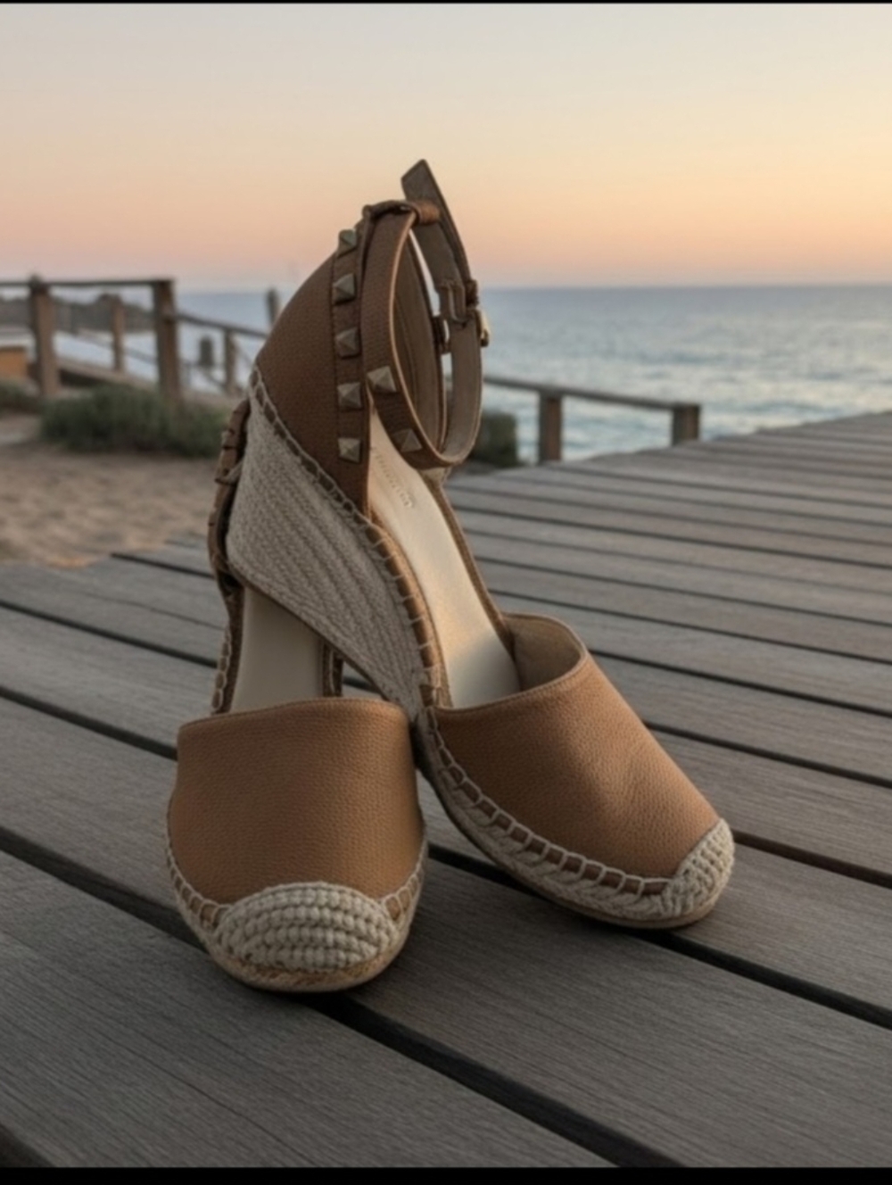 MARC FISHER Tan Espadrille Wedge Sandals with Studded Ankle Strap